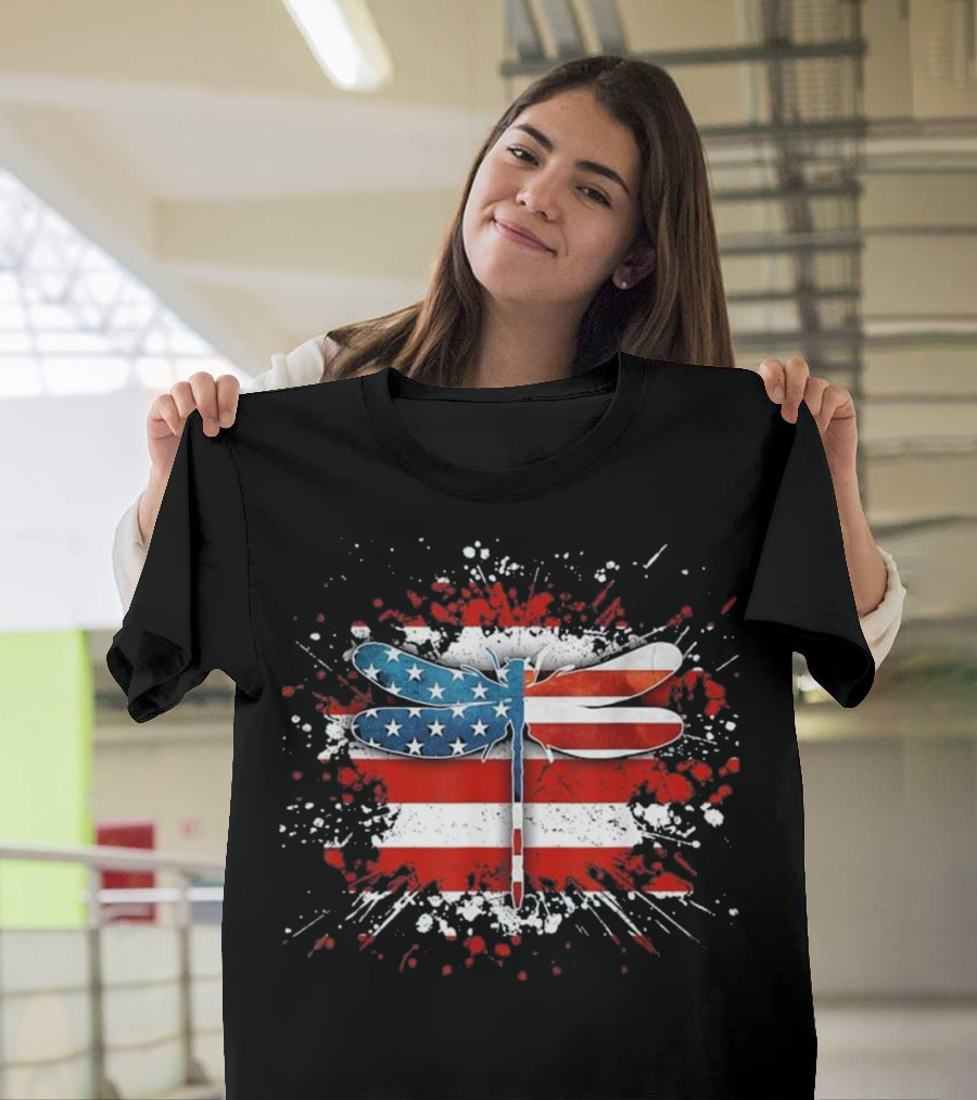 American Flag Dragonfly Patriotic Splatter T-Shirt