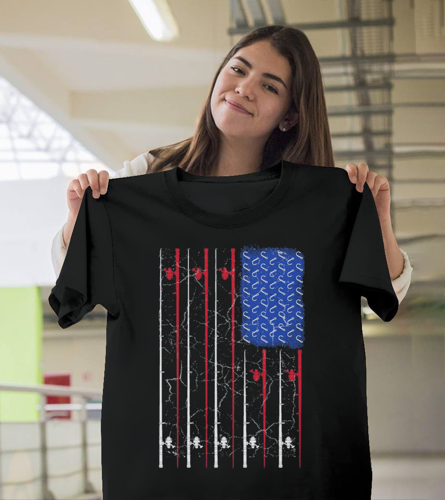 American Flag Fishing Rods with Hooks Theme Fisherman Flag T-Shirt