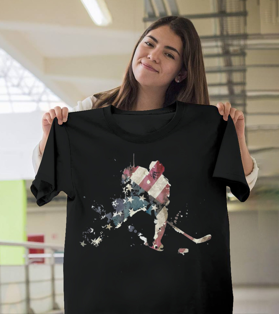 American Flag Ice Hockey Player in Action T-Shirt