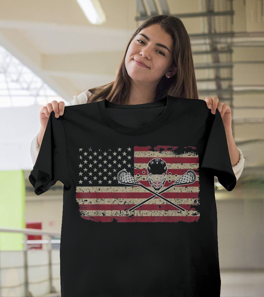 American Flag Lacrosse Helmet Cross Sticks Proud USA T-Shirt