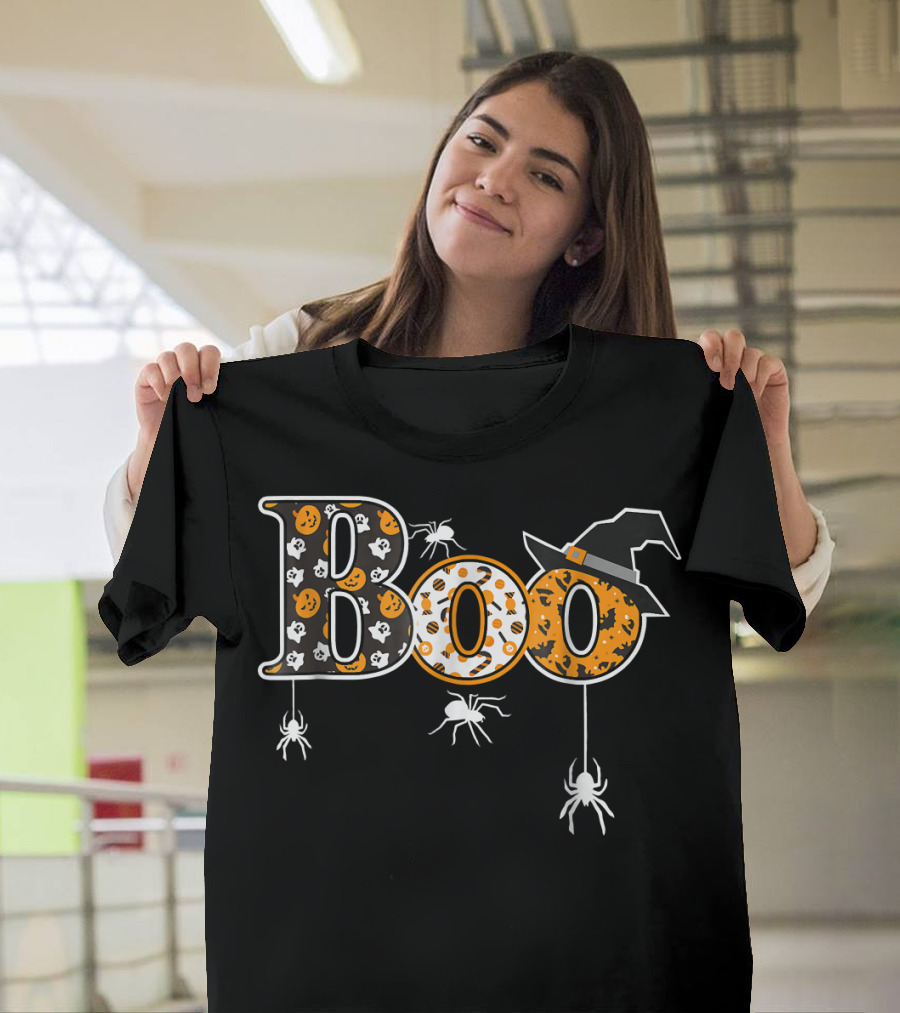 Boo Halloween With Spiders Witch Hat Pumpkins Ghosts T-Shirt