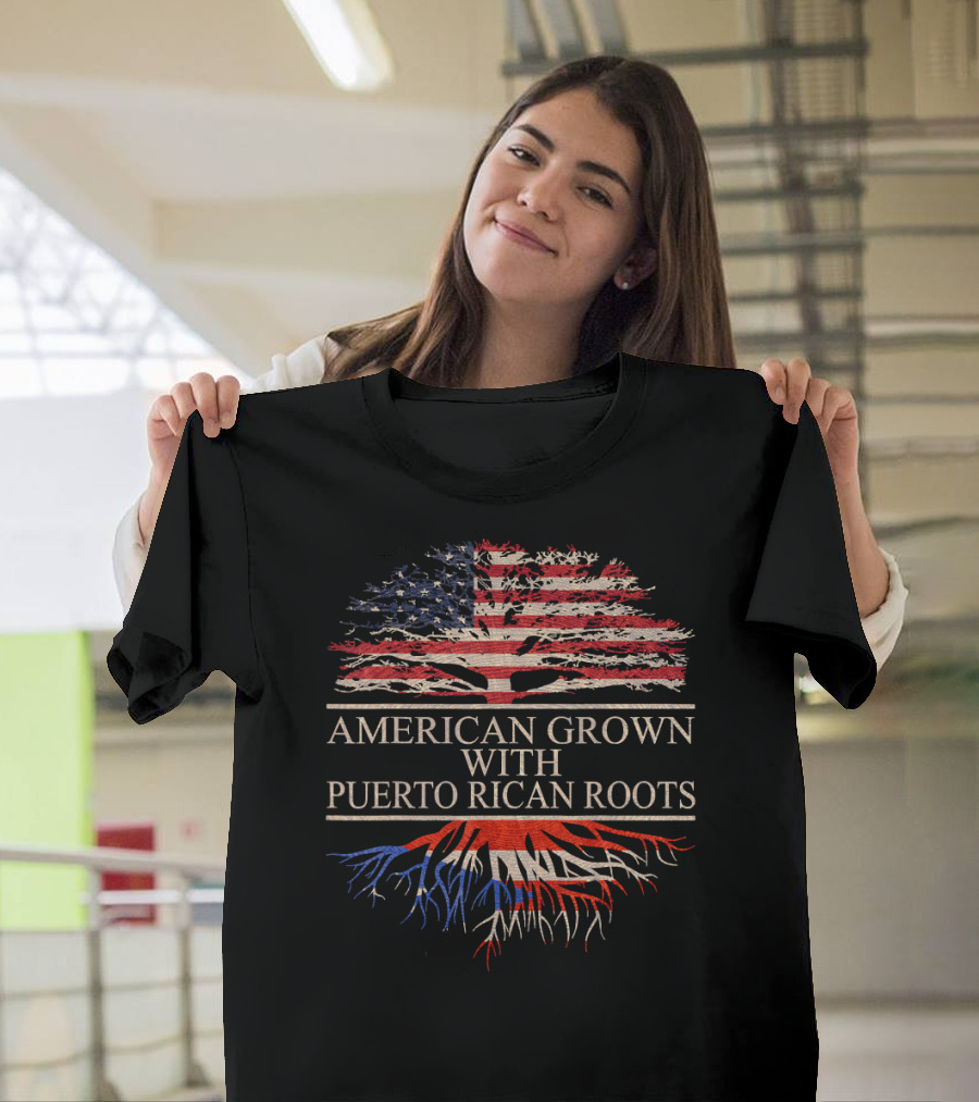 American Grown with Puerto Rican Roots Flag Tree Vintage Style Stars and Stripes Heritage T-Shirt