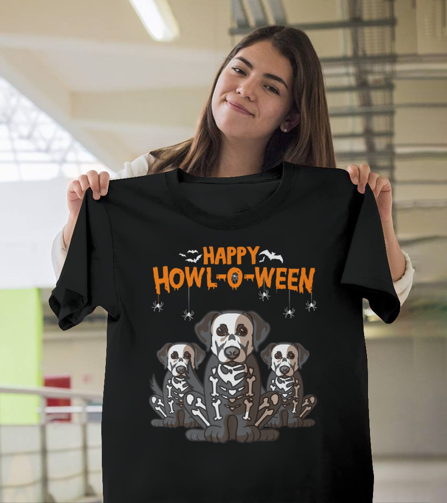 Happy Howl-O-Ween Labrador Retriever Skeleton Trio with Bats and Spiders T-Shirt