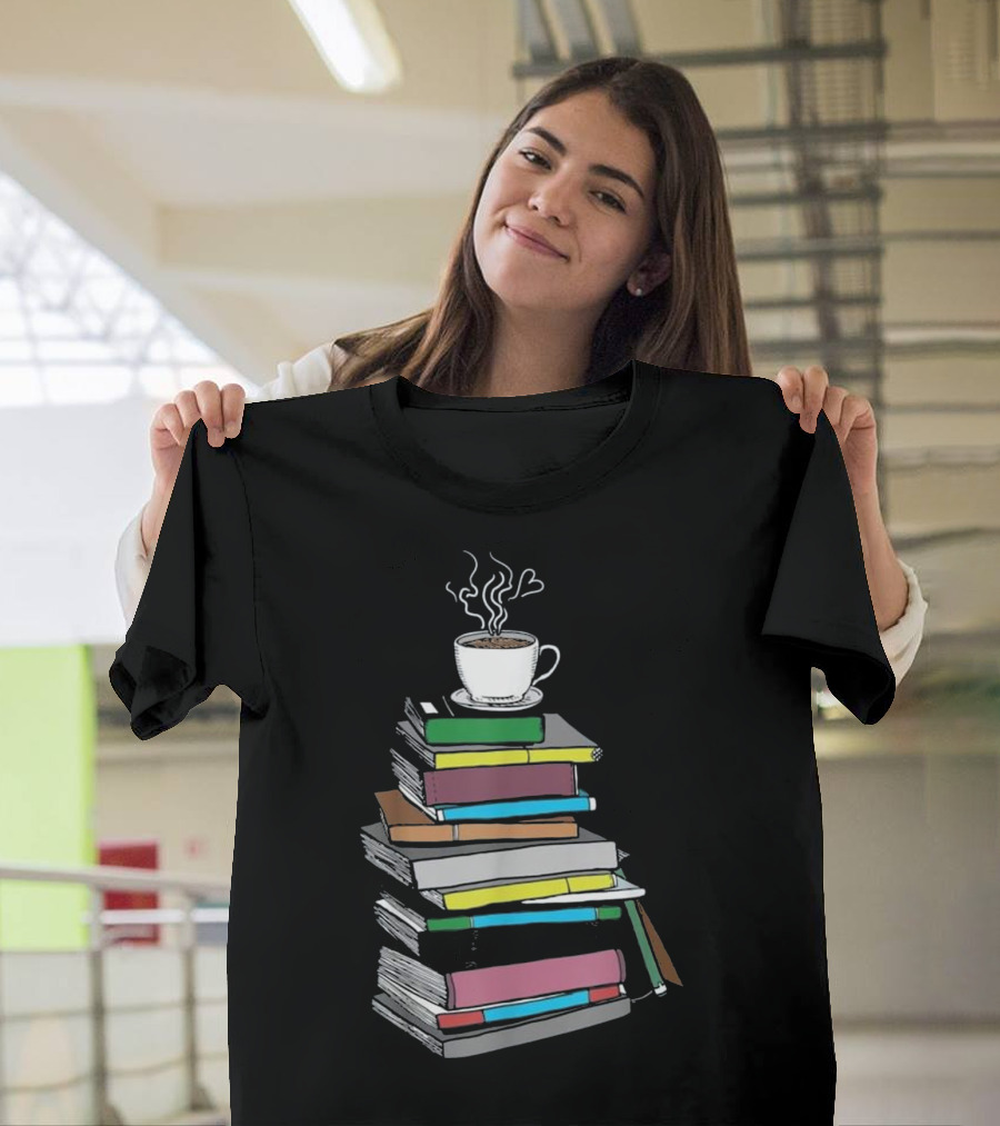 Steaming Coffee on Colorful Book Stack for Tea Coffee and Book Lover T-Shirt