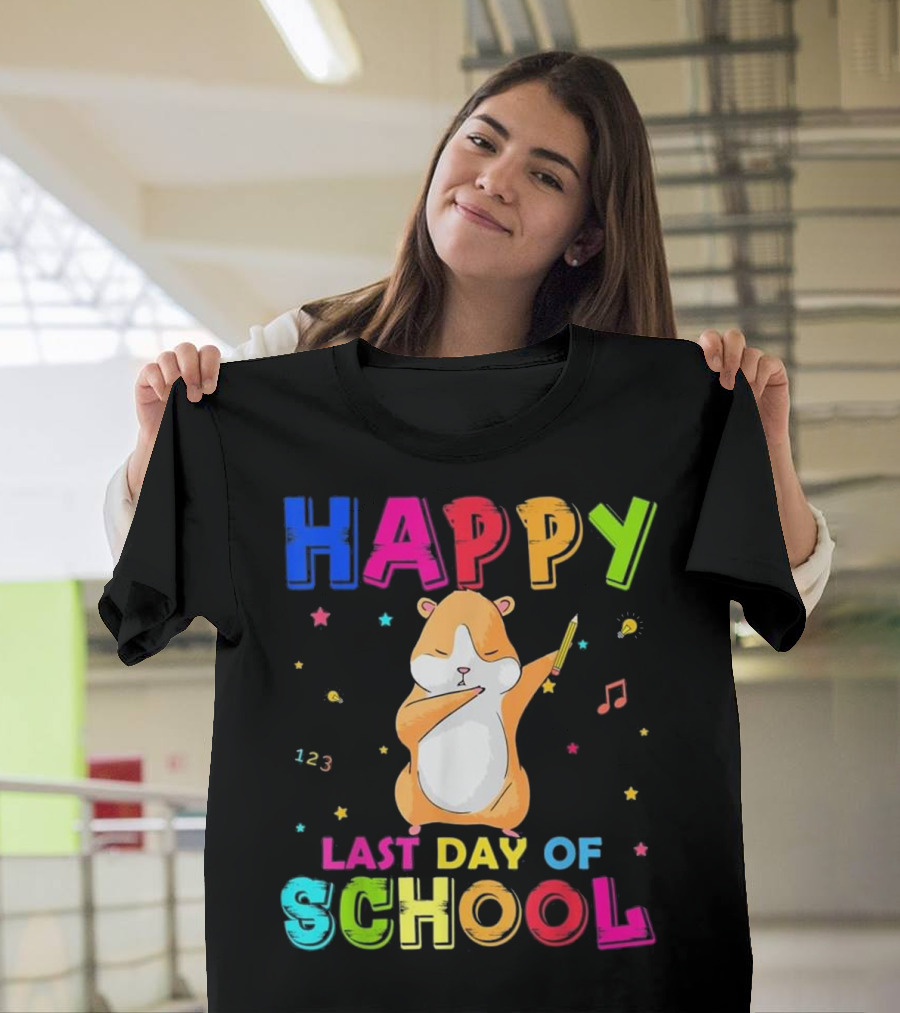 Happy Last Day Of School Dabbing Hamster with Colorful Letters and Musical Notes T-Shirt