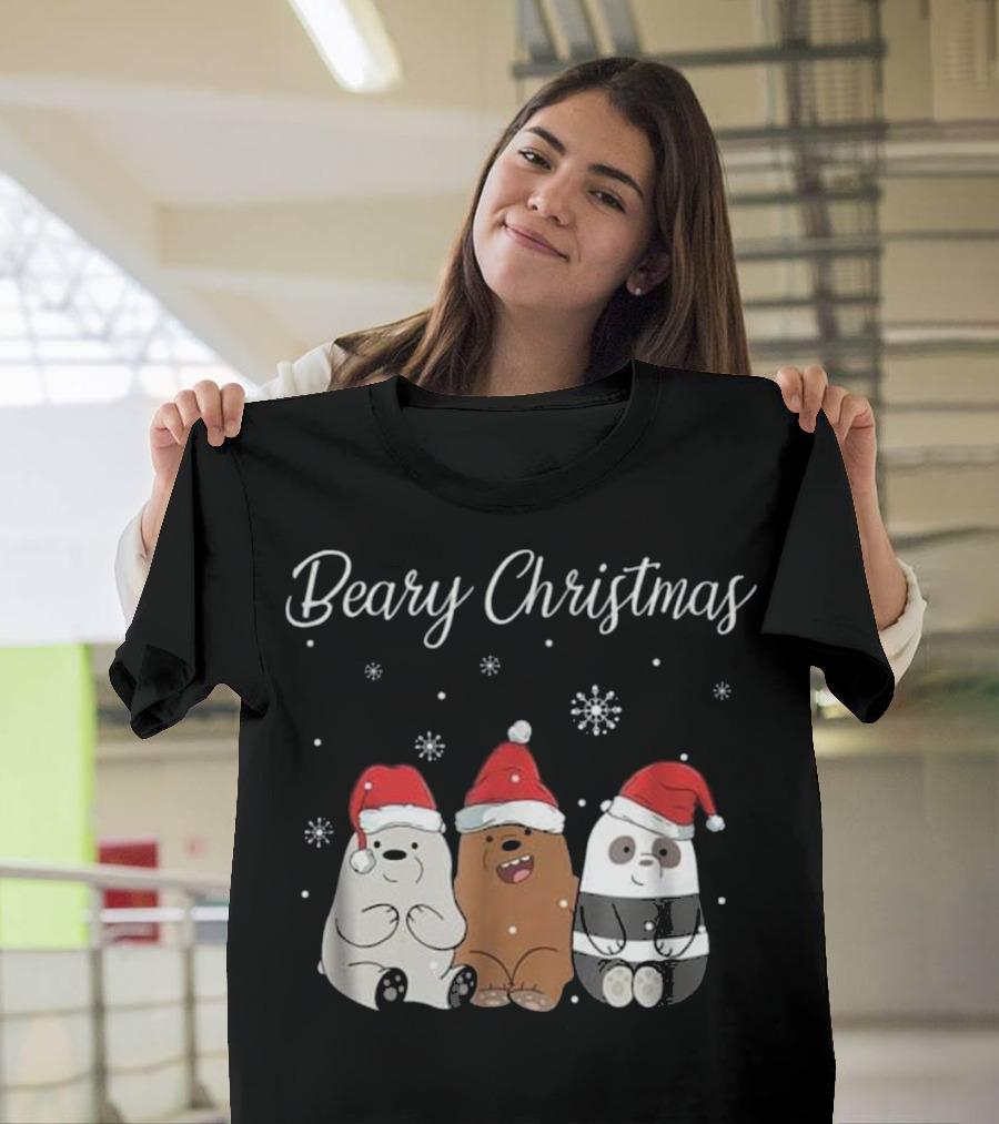 Beary Christmas Panda Polar Bear Trio Santa Hats Snowflakes T-Shirt