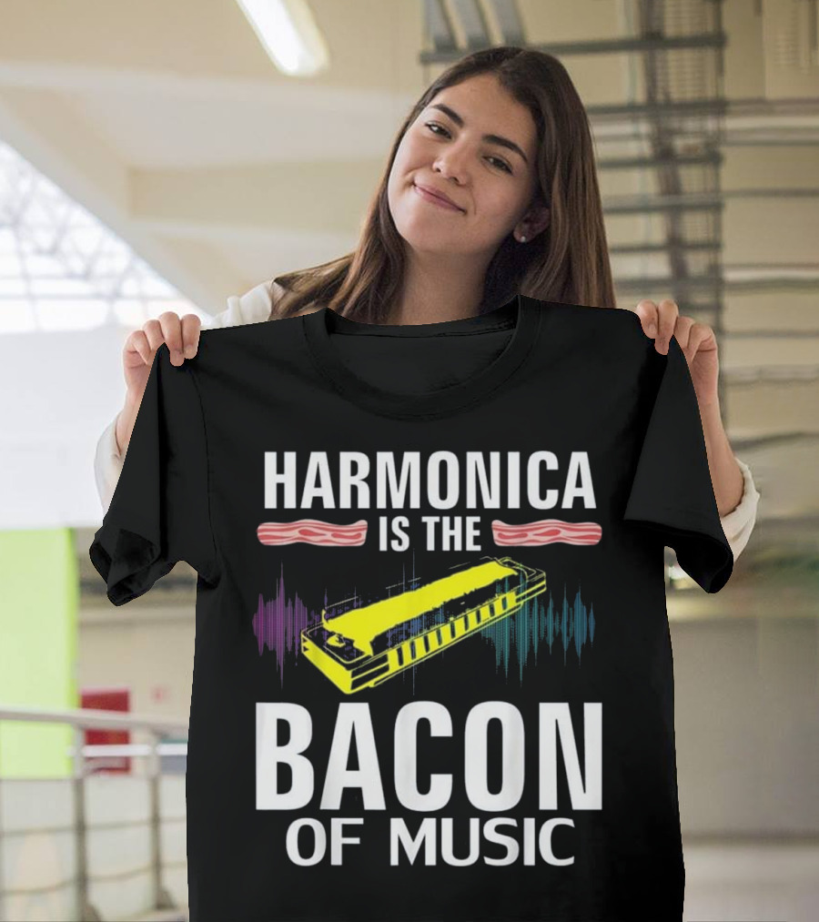 Harmonica Is the Bacon of Music with Sound Waves and Bacon Strips T-Shirt