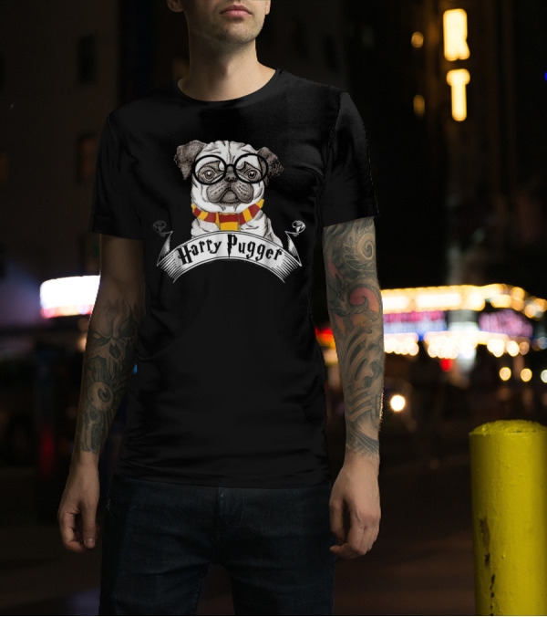 Harry Pugger Magic Wizard Pug Fun Scarf And Glasses T-Shirt