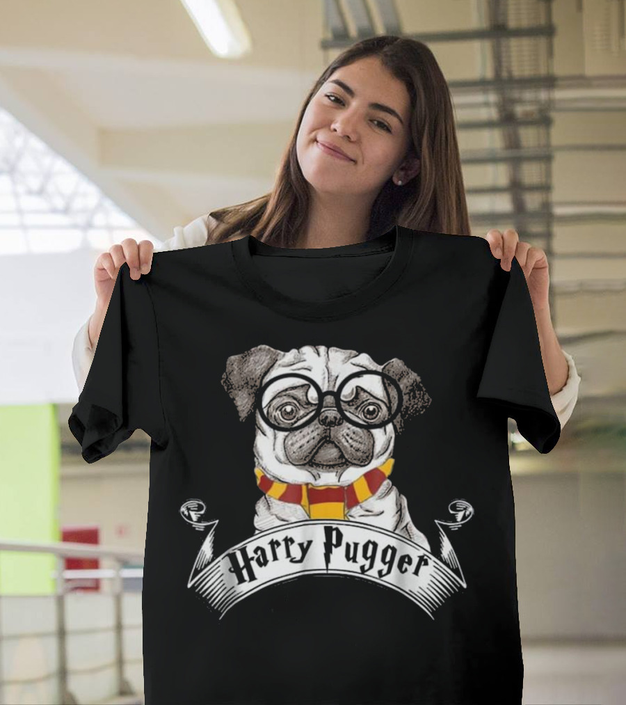 Harry Pugger Magic Wizard Pug Fun Scarf and Glasses T-Shirt