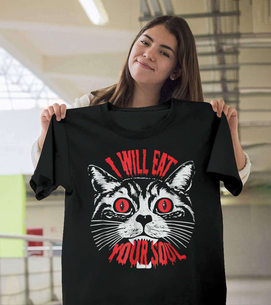 I Will Eat Your Soul Spooky Satanic Cat Face Red Eyes T-Shirt