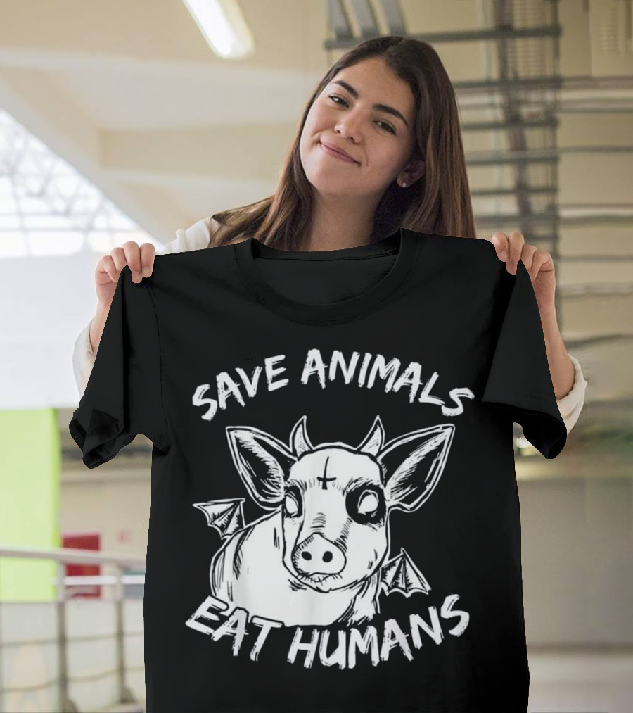 Save Animals Eat Humans Satanic Cow Heifer with Bat Wings T-Shirt