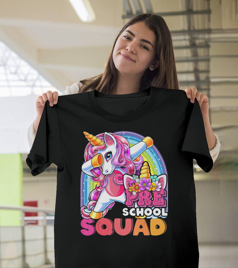 Preschool Squad Dabbing Unicorn Rainbow Flowers Back to School T-Shirt