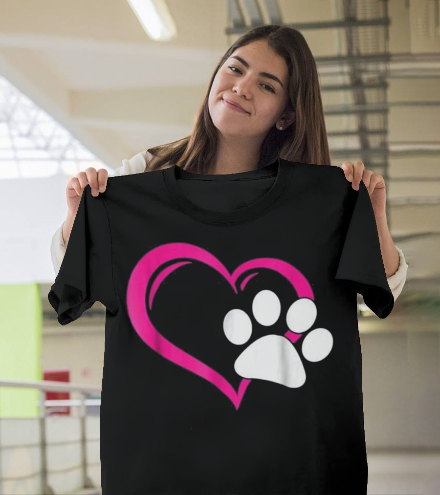 Cute I Love My Dog Puppy Cat Paw Heart T-Shirt
