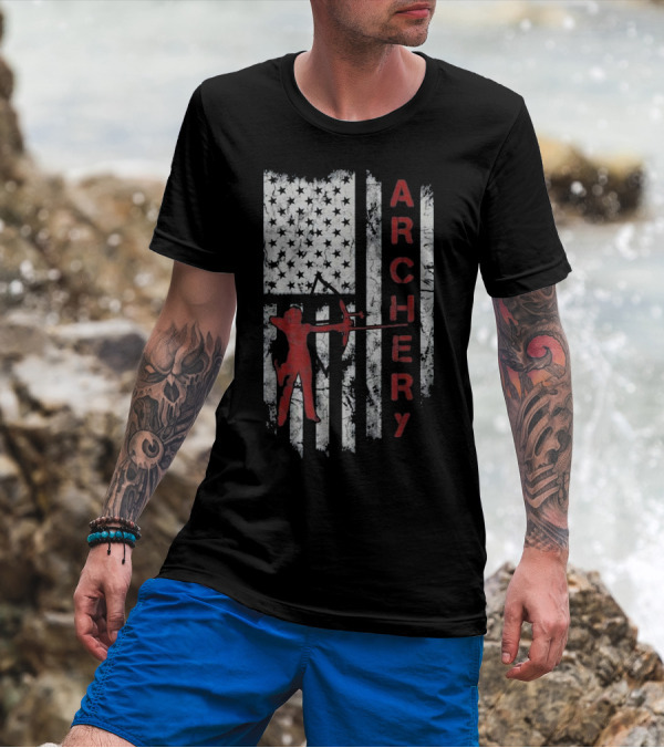 Archery Girl Silhouette With American Flag Elements T-Shirt
