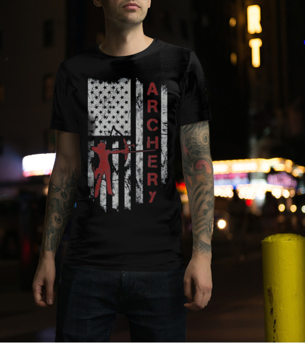Archery Girl Silhouette With American Flag Elements T-Shirt