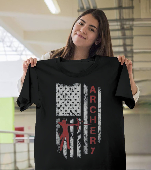 Archery Girl Silhouette With American Flag Elements T-Shirt