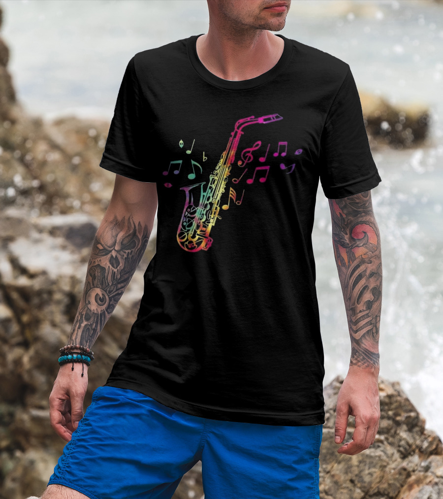 Colorful Saxophone Jazz Musician With Musical Notes T-Shirt
