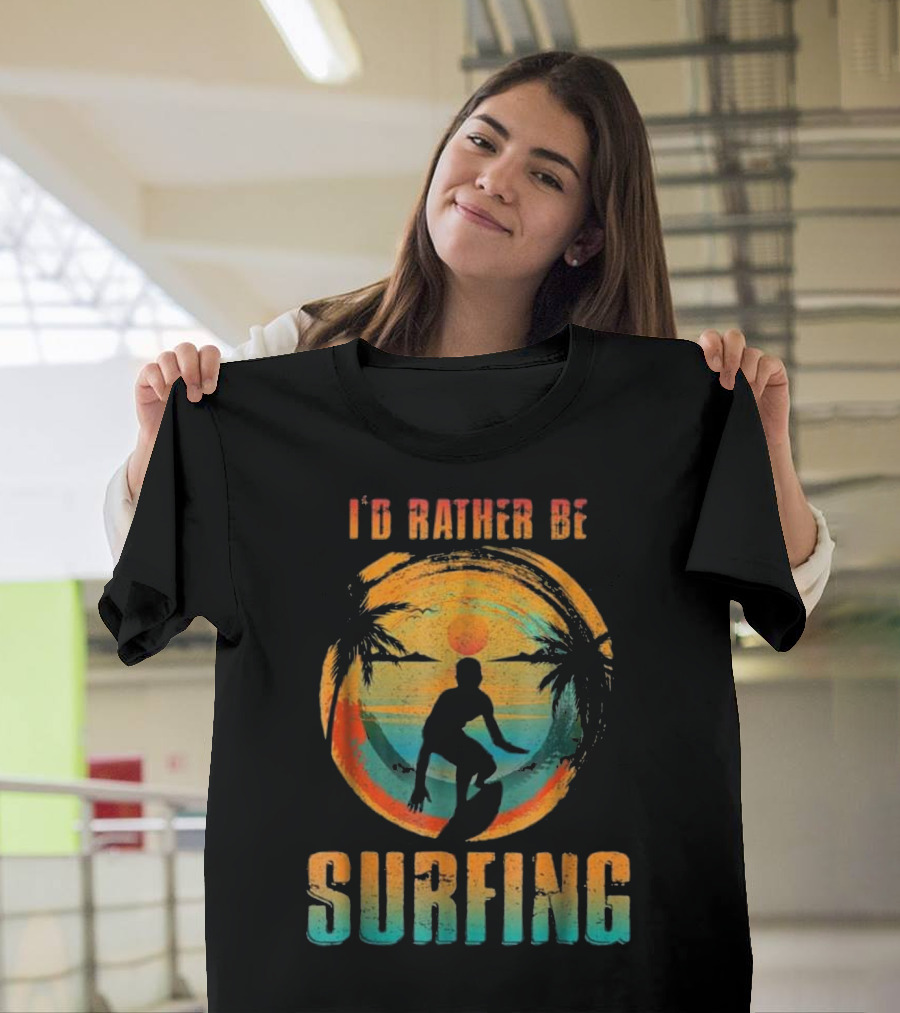 I'D RATHER BE SURFING Silhouette with Palm Trees and Sunset T-Shirt