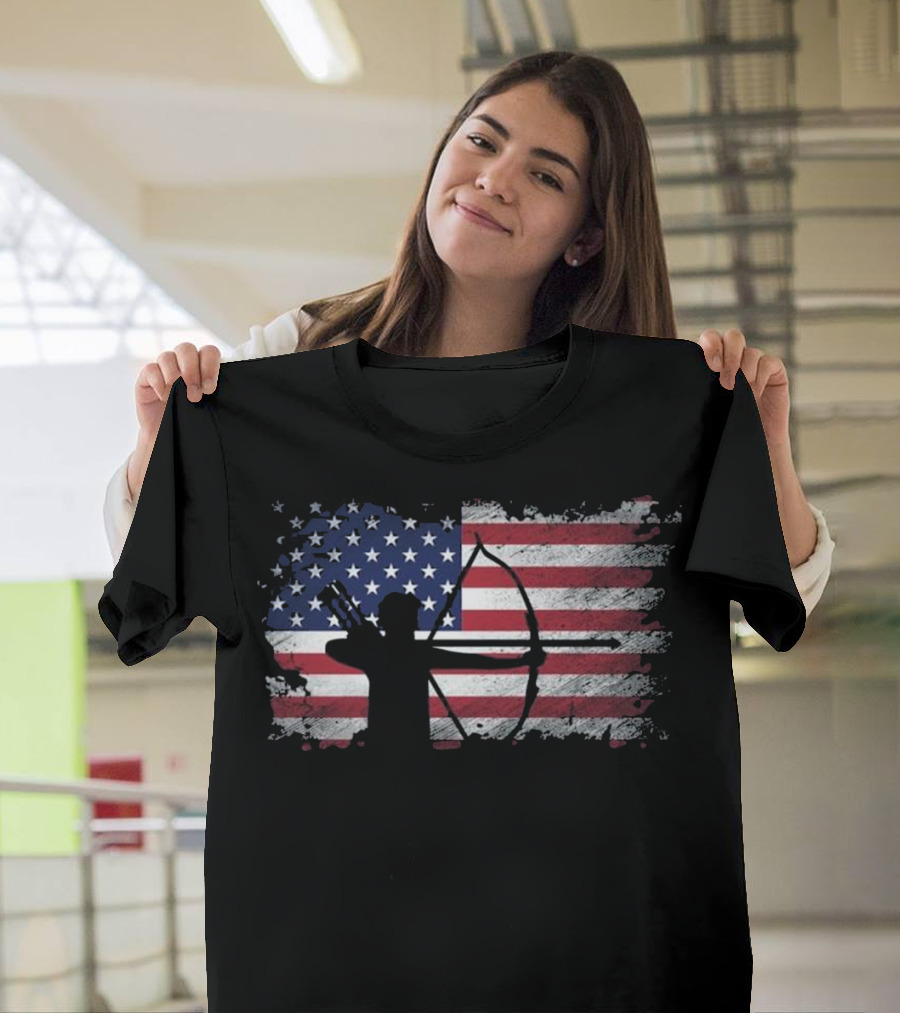 Archery American Flag USA Patriotic Silhouette Bow and Arrow T-Shirt