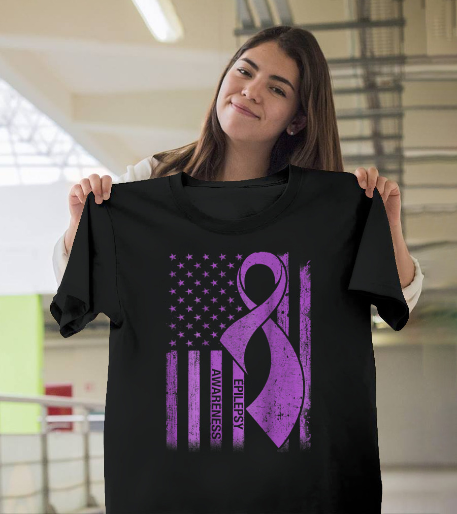 Epilepsy Awareness Purple Ribbon American Flag T-Shirt