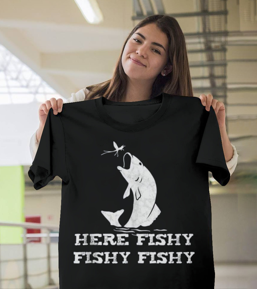 Here Fishy Fishy Fishy Leaping Trout With Fly Fishing Lure T-Shirt