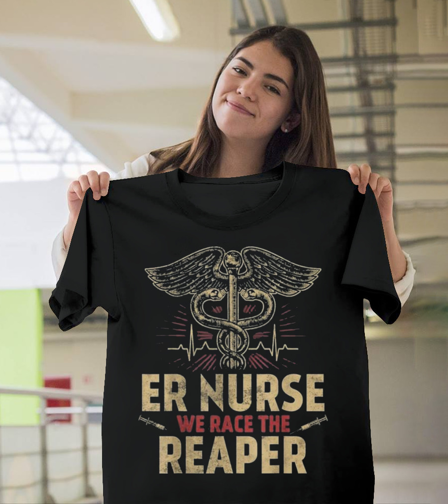 ER Nurse We Race the Reaper Caduceus and EKG Lines T-Shirt