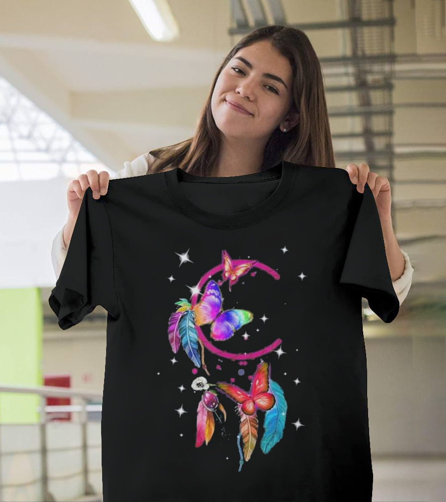 Butterfly Moon Dreamcatcher with Colorful Feathers and Stars T-Shirt