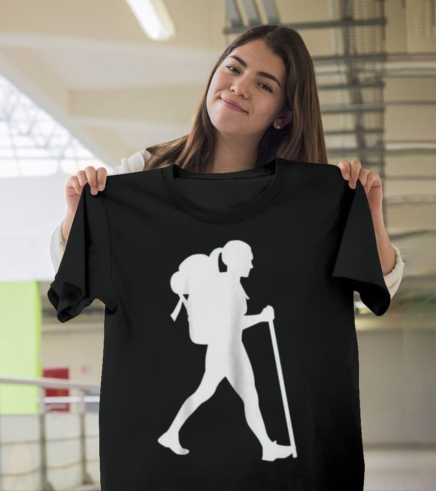 Hiking Woman with Backpack and Walking Stick T-Shirt