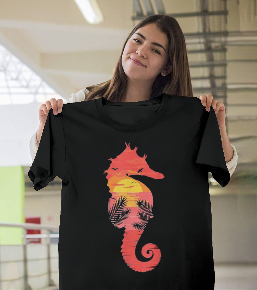 Seahorse Sunset with Seagulls and Tropical Palms Ocean Scene T-Shirt