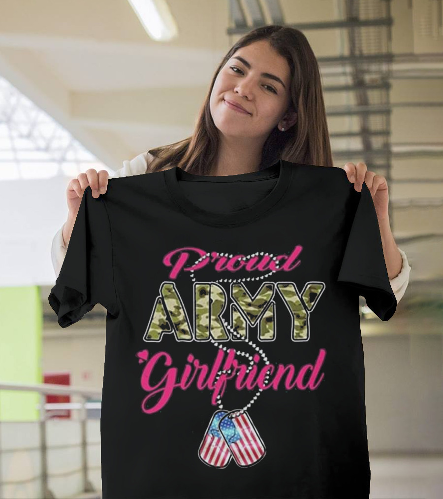 Proud Army Girlfriend Camo Dog Tag American Flag T-Shirt