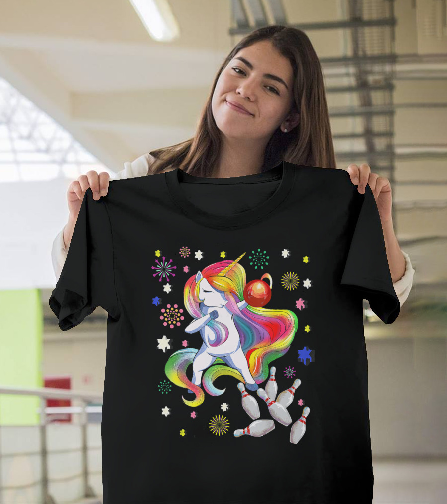 Dabbing Bowling Unicorn with Colorful Stars and Pins T-Shirt