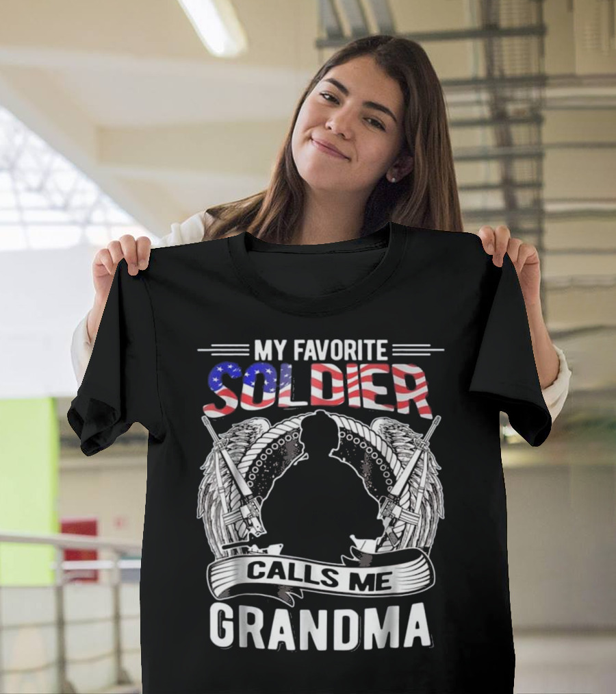 My Favorite Soldier Calls Me Grandma USA Flag Wings Rifle T-Shirt