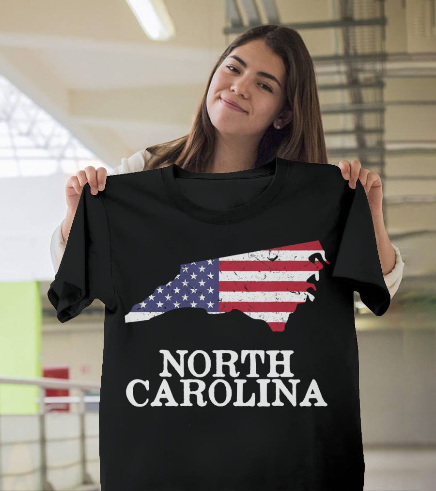 North Carolina Map with American Flag T-Shirt