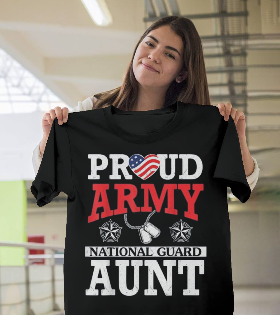 Proud Army National Guard Aunt with Patriotic Heart and Dog Tags T-Shirt
