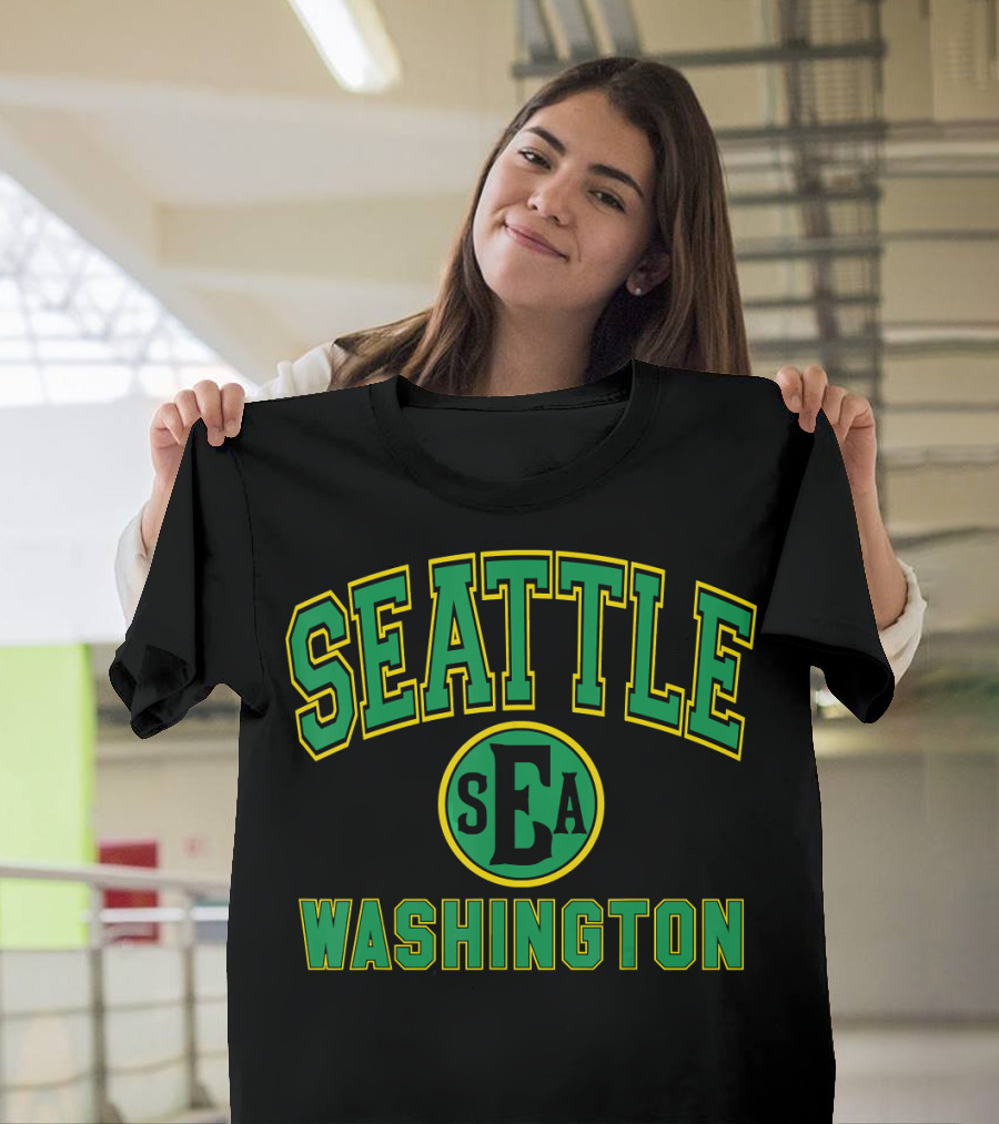 Seattle SEA Varsity Style Green Print Washington T-Shirt