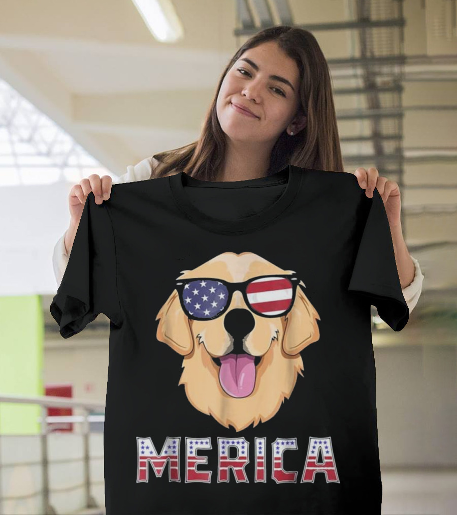 Merica Golden Retriever Dog Wearing Patriotic Sunglasses with American Flag T-Shirt