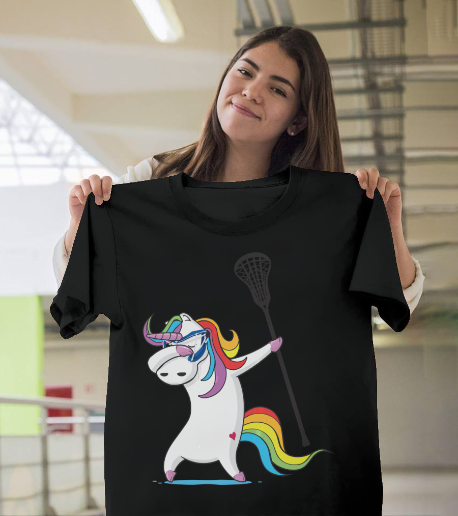 Dabbing Unicorn with Lacrosse Stick Rainbow Mane Girls Funny T-Shirt