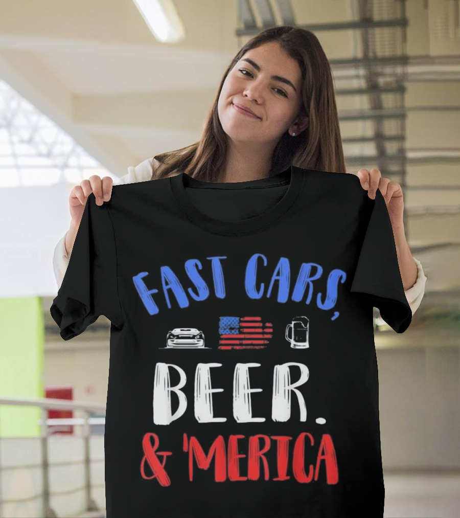 Fast Cars Beer and 'Merica with Flag Car and Beer Mug T-Shirt