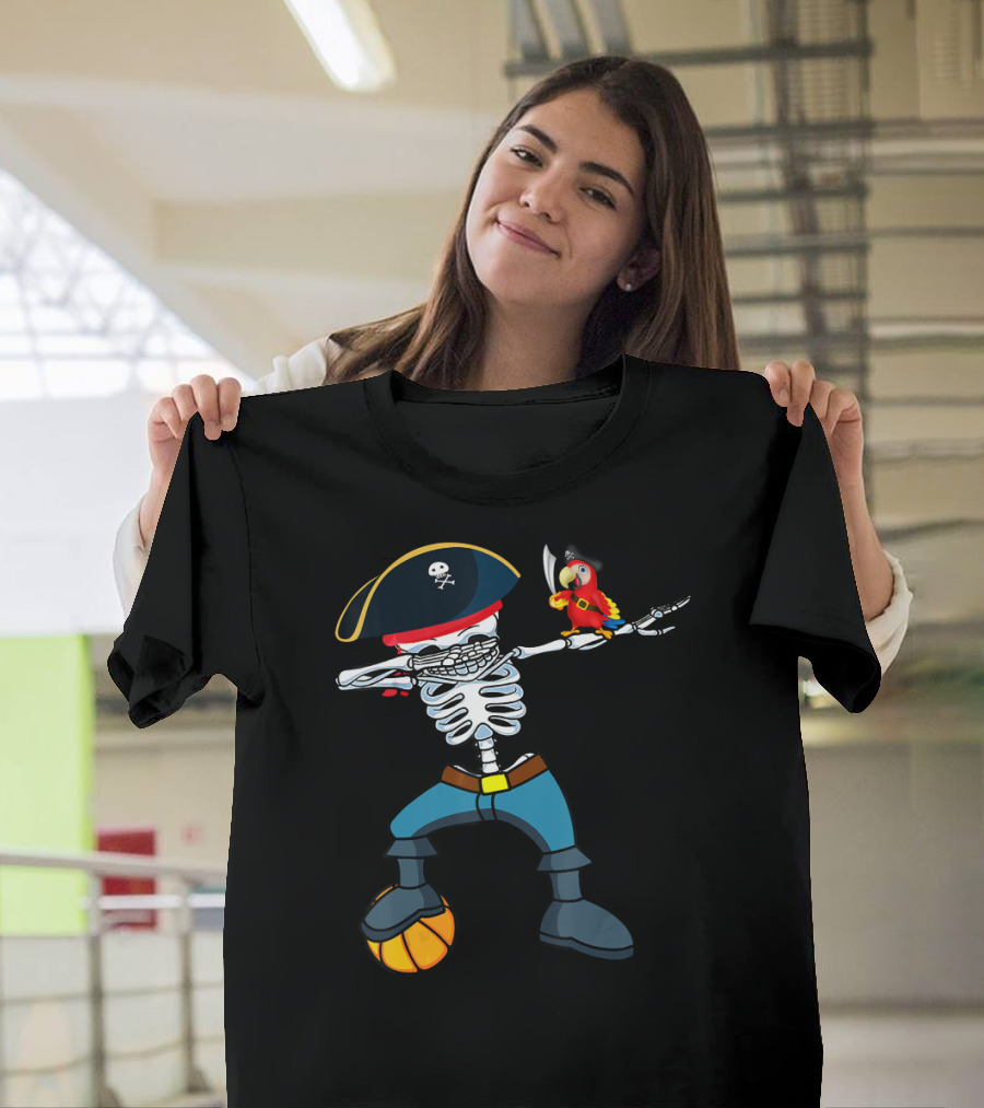 Dabbing Pirate Skeleton Halloween Basketball with Parrot T-Shirt