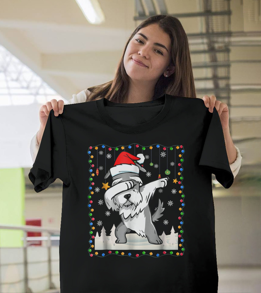Dabbing Schnauzer Santa Light Christmas Snowflakes and Ornaments T-Shirt