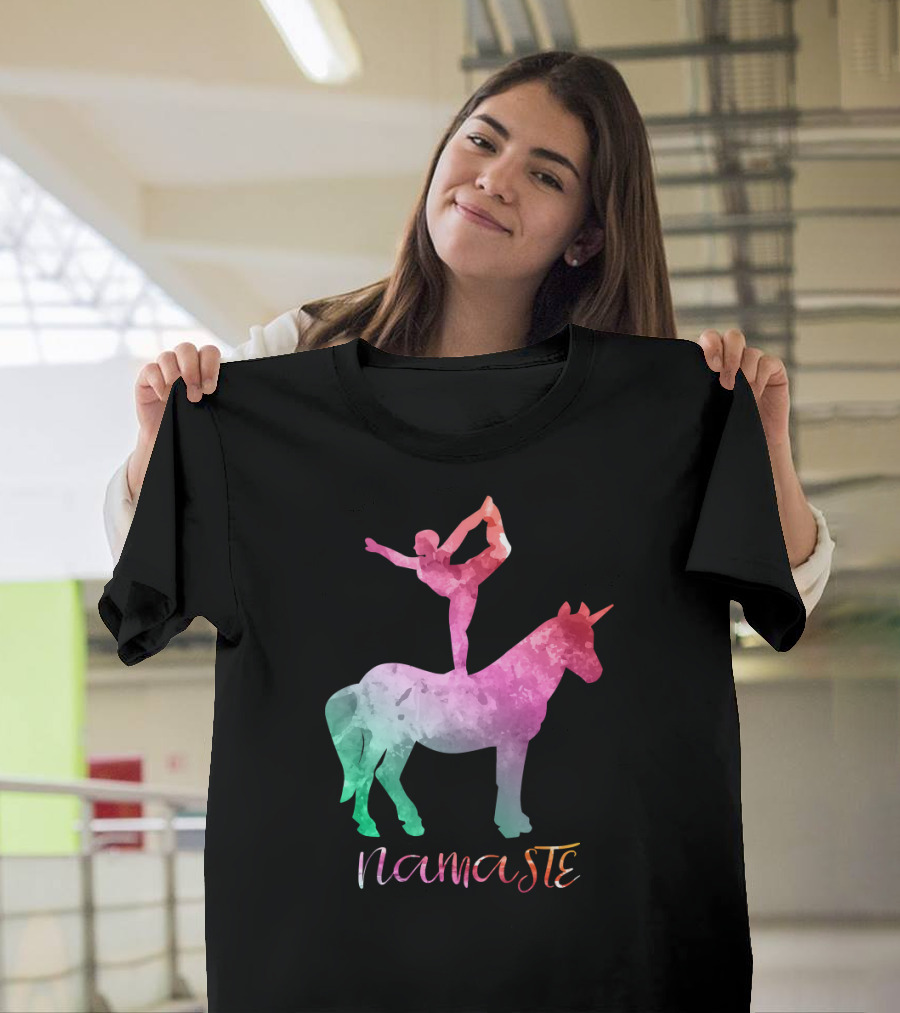 Namaste Yoga Pose on Unicorn for Equestrian Zen T-Shirt