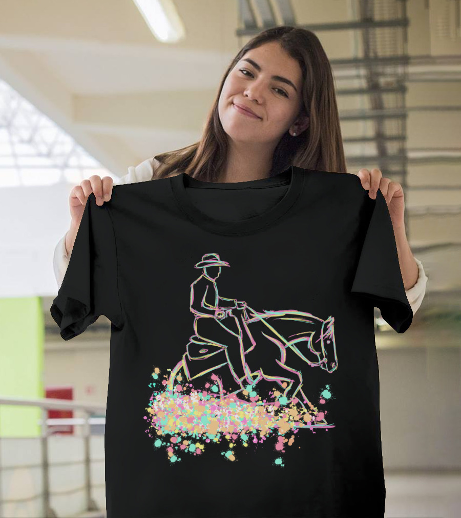 Horse Western Rider Sliding Stop Colorful Abstract Sketch T-Shirt
