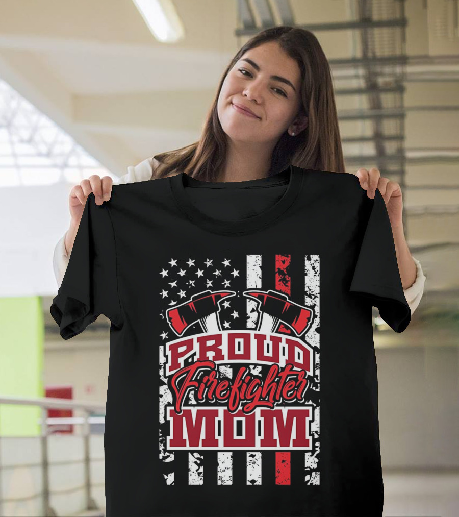 Proud Firefighter Mom with American Flag and Fire Axes T-Shirt