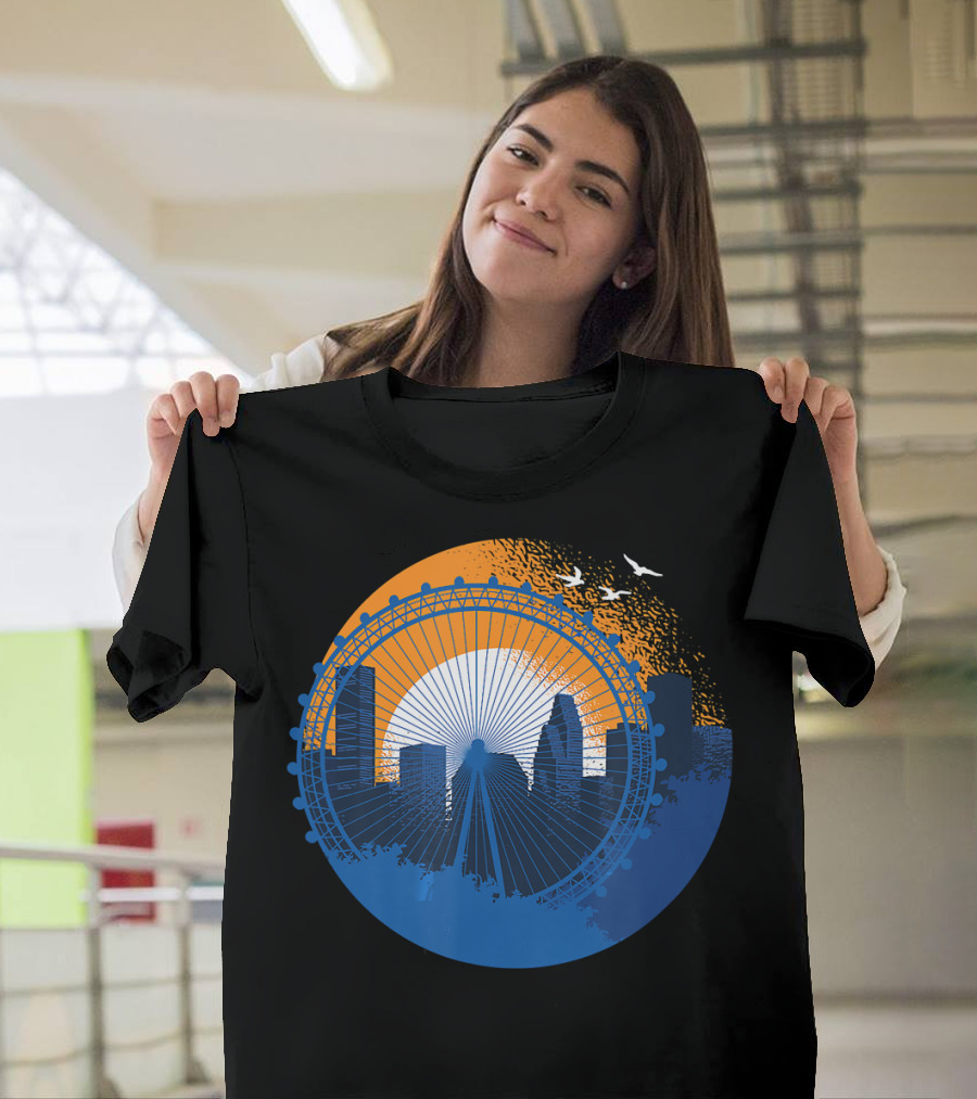 Houston Downtown Skyline Ferris Wheel Birds T-Shirt