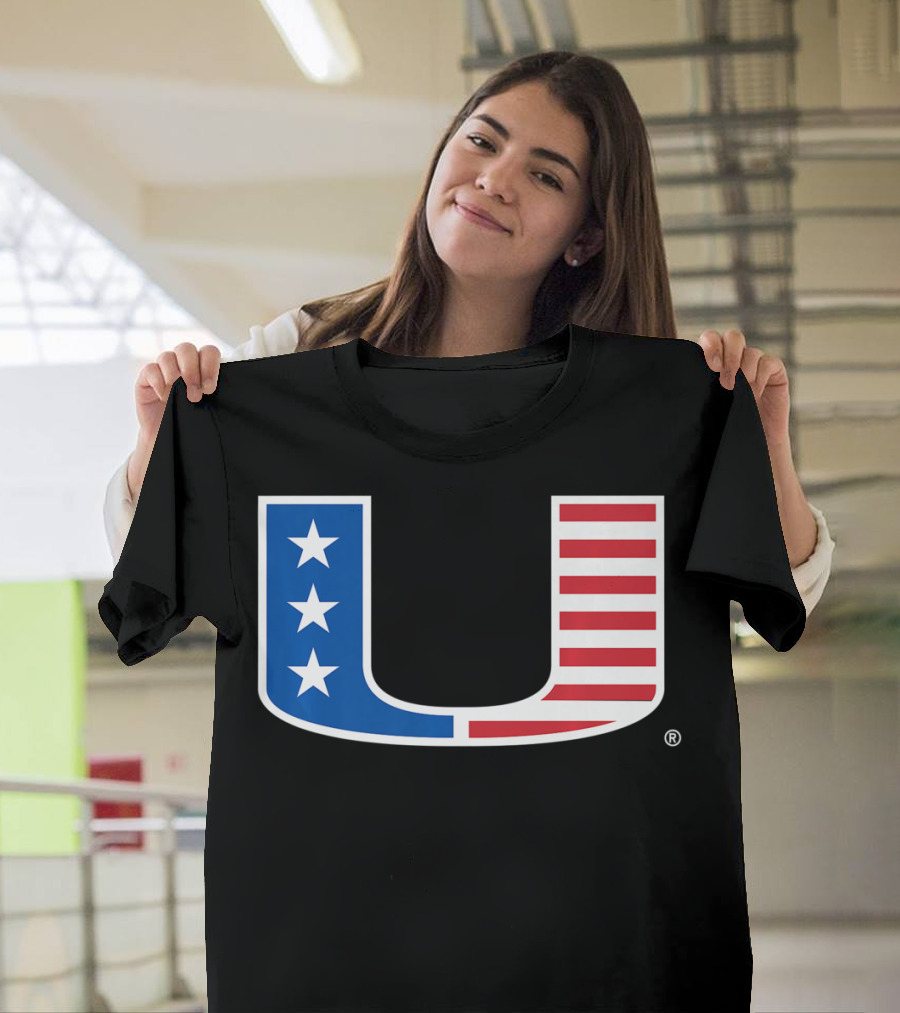 Miami Hurricanes U Logo with American Flag Colors T-Shirt