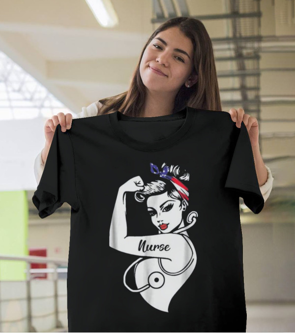 Nurse Strong Woman Stethoscope American Flag Bandana T-Shirt