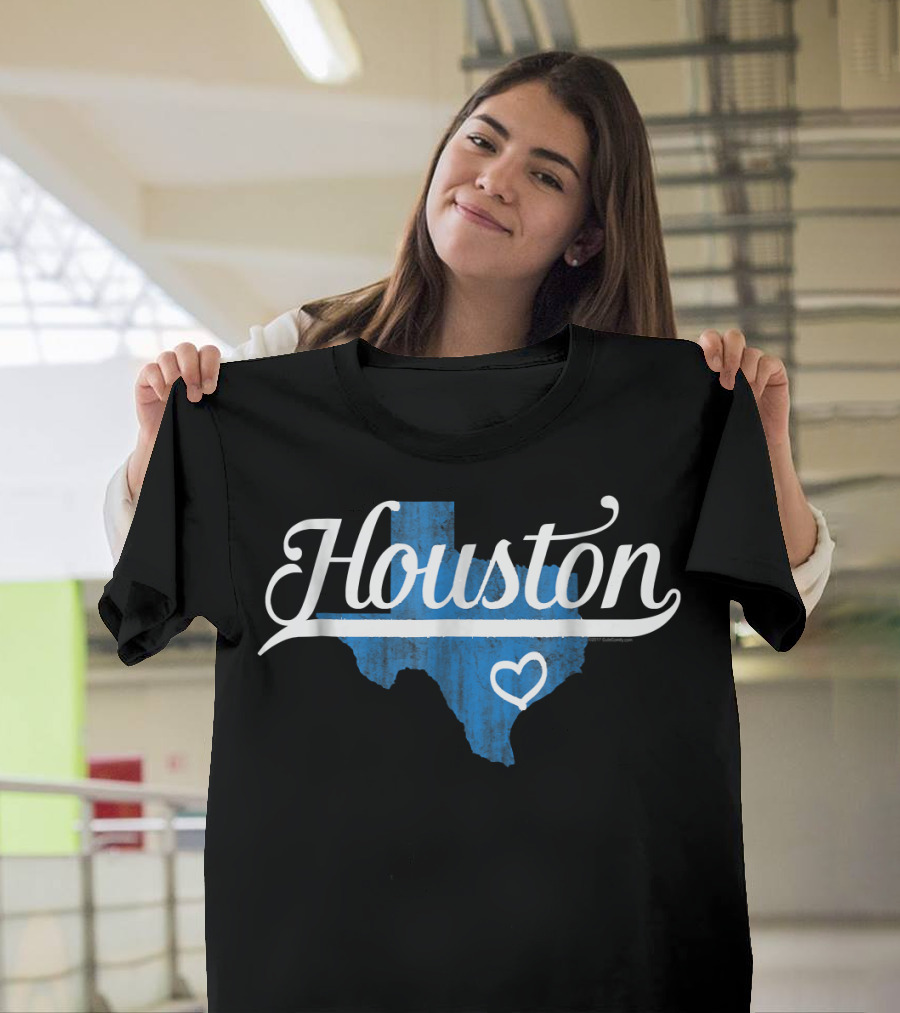 Houston Texas Heart State Pride Souvenir Blue Texas Map with Heart T-Shirt
