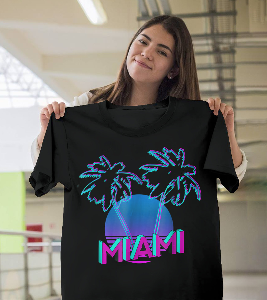 Miami Retro 80s 90s OutRun Vaporware Style with Neon Palm Trees and Sunset T-Shirt