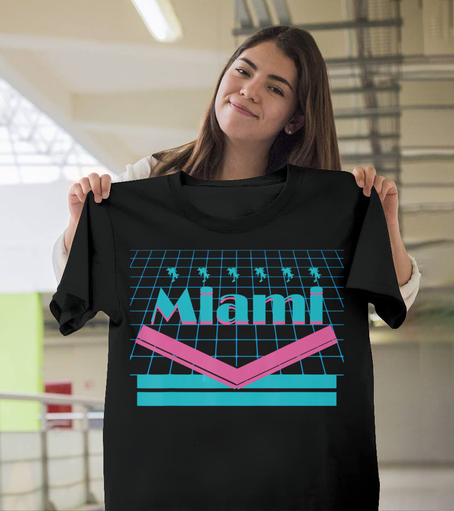 Miami Retro 80s Grid and Palm Trees T-Shirt