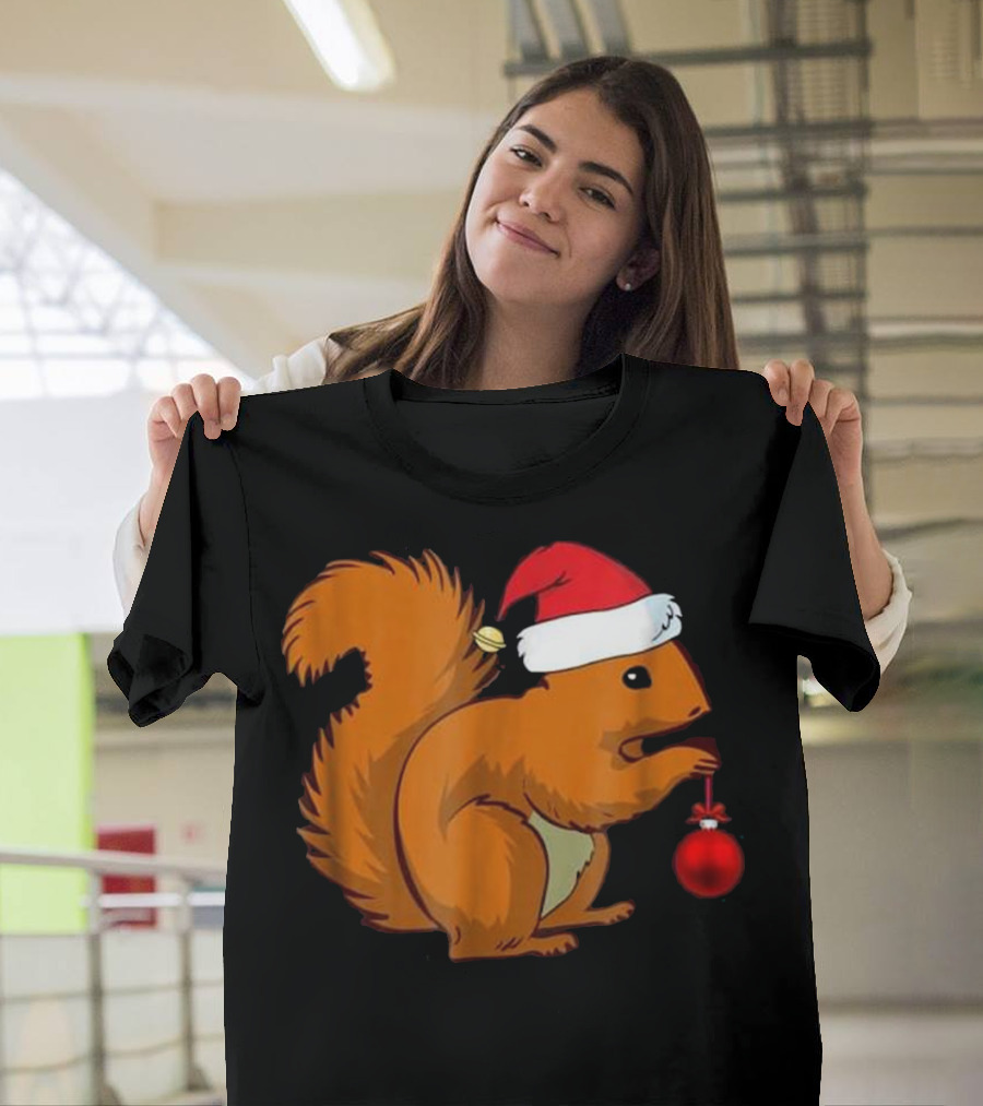 Squirrel Holding Christmas Ornament with Santa Hat T-Shirt